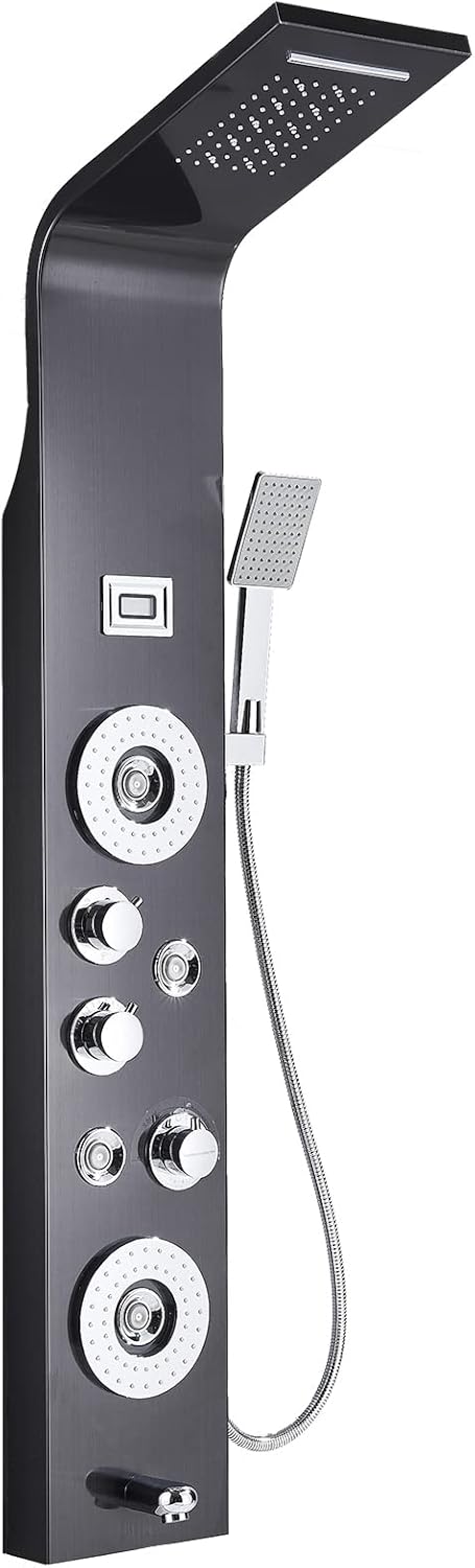 Shower Panel Tower System Shower Column with Temperature Display Rainfall Waterfall Shower Head with Handheld Spray Adjustable Massage Body Jets