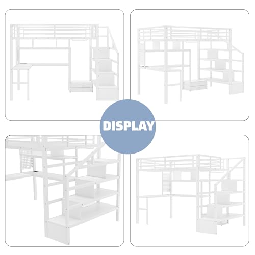 Queen Loft Bed with L-Shaped Desk and Stairs,Metal Queen Size LoftBed with Wardrobe and Adjustable Shelf, Gaming Bed with LED and USB