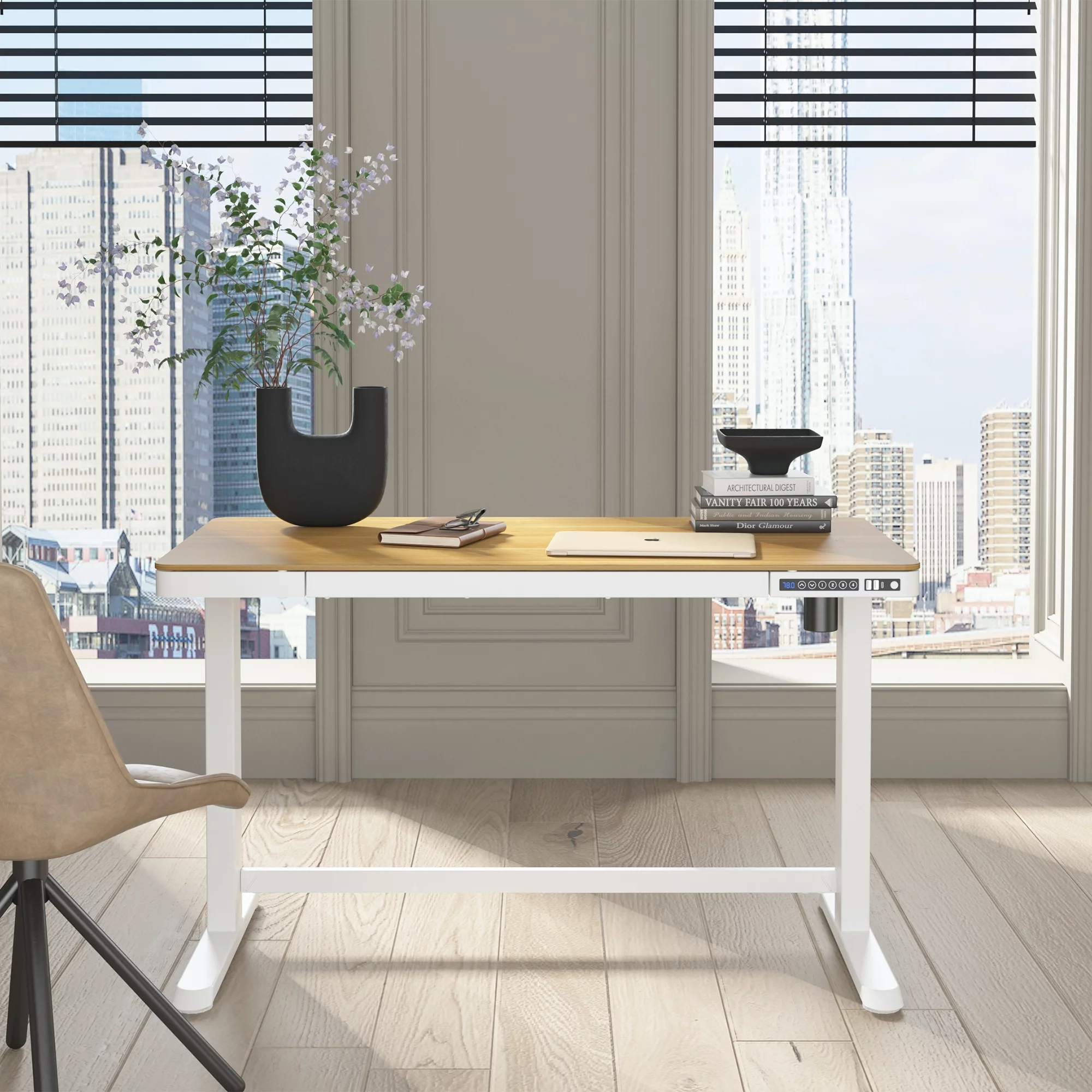Koble Juno 48" Electric Height-Adjustable Desk with White Frame and Light Wood Foil Top