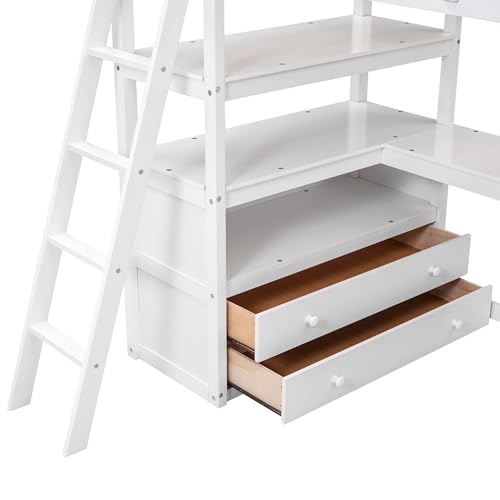 Harper & Bright Designs Twin Size Loft Bed with Wardrobe, Desk and Multiple Storage Shelves, Solid Wood Loft Bed Frame with Bookshelf
