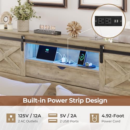 Hasuit Farmhouse Bed Frame California King Size with Storage Bookcase Headboard, Wooden Cal King Bed with LED Lights, Charging Station, 2 Drawers