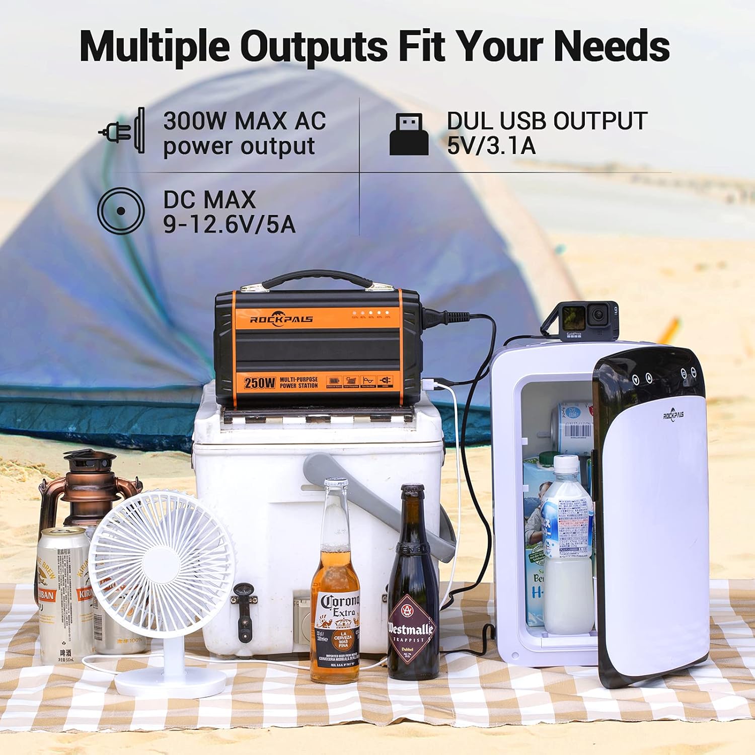ROCKPALS 250-Watt Portable Generator Rechargeable Lithium Battery Pack Solar Generator with 110V AC Outlet, 12V Car