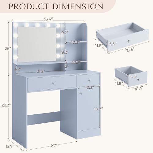Vanity Desk with Mirror and Lights, Diamond Edition Vanity Desk, Makeup Vanity Table with 3 Drawers & 5 Open Shelves