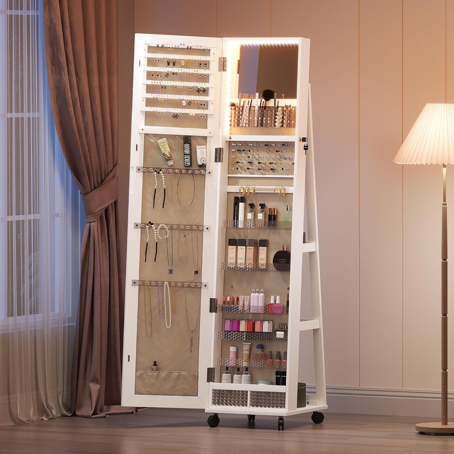 YITAHOME Mirror Jewelry Cabinet with Lights Standing Jewelry Armoire Storage Rotatable Full Length Mirror Jewelry Organizer Lockable Jewelry Armoire
