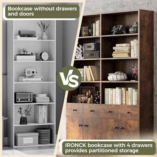 IRONCK 78.7" Bookcase with 4 Drawers and 4 Doors, 6 Tier Large Bookshelf with Storage, Floor Standing Display Storage Shelves