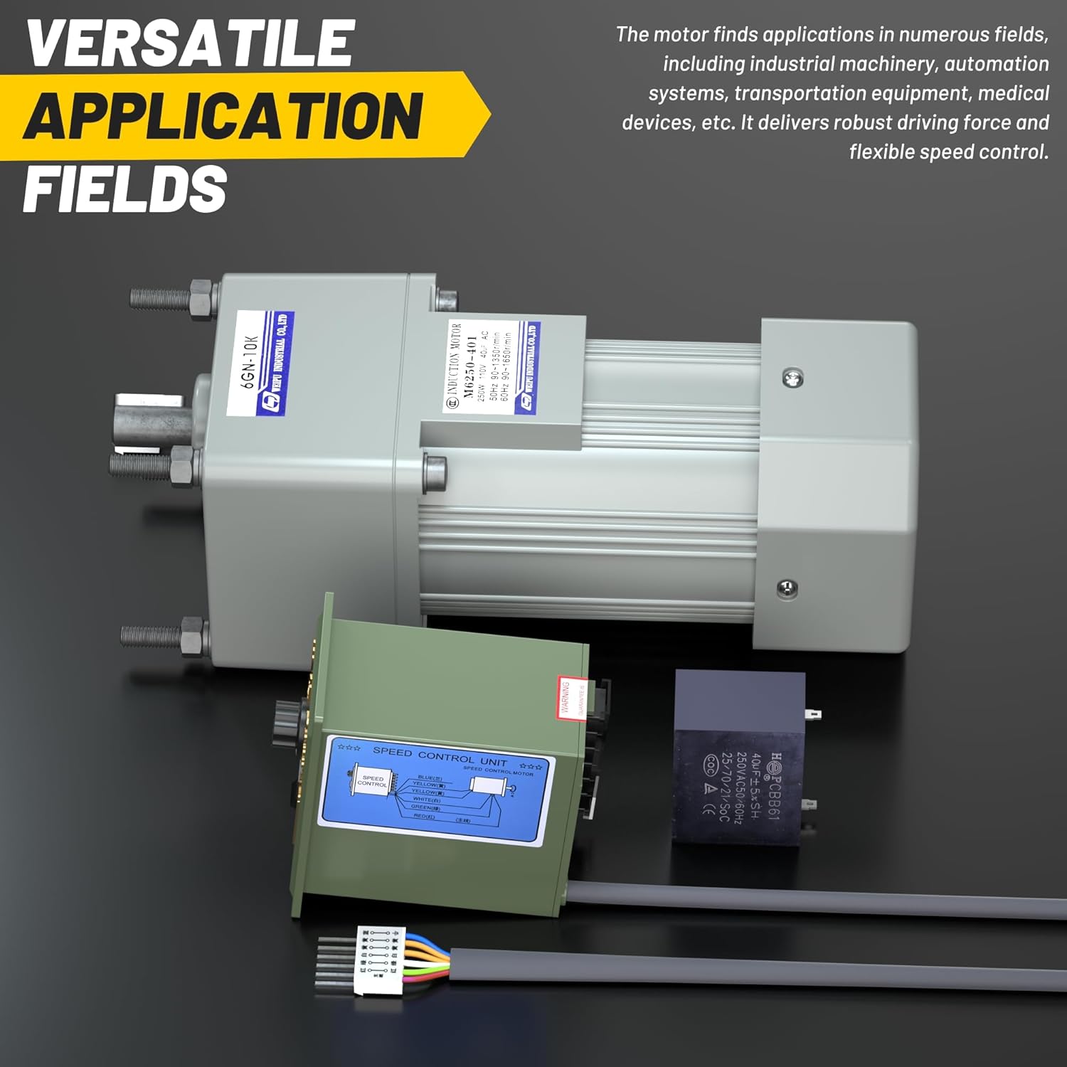 High Torque AC Motor + Speed Controller + Gear Box, 250W Single Phase Electric Motor with Gearbox, Variable Speed Motor