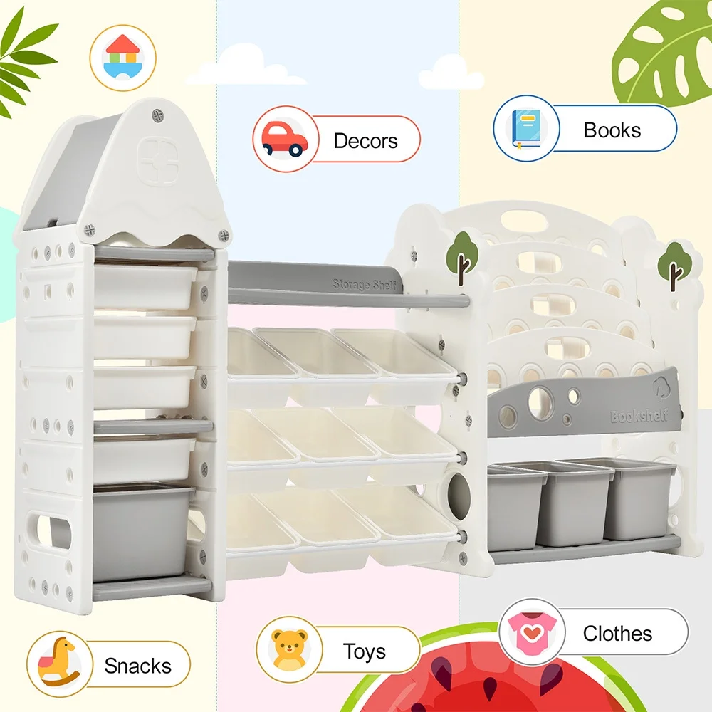 Kids Bookshelf Toy Storage Organizer, Multi-functional Nursery Organizer with 17 Bins and 4 Bookshelves