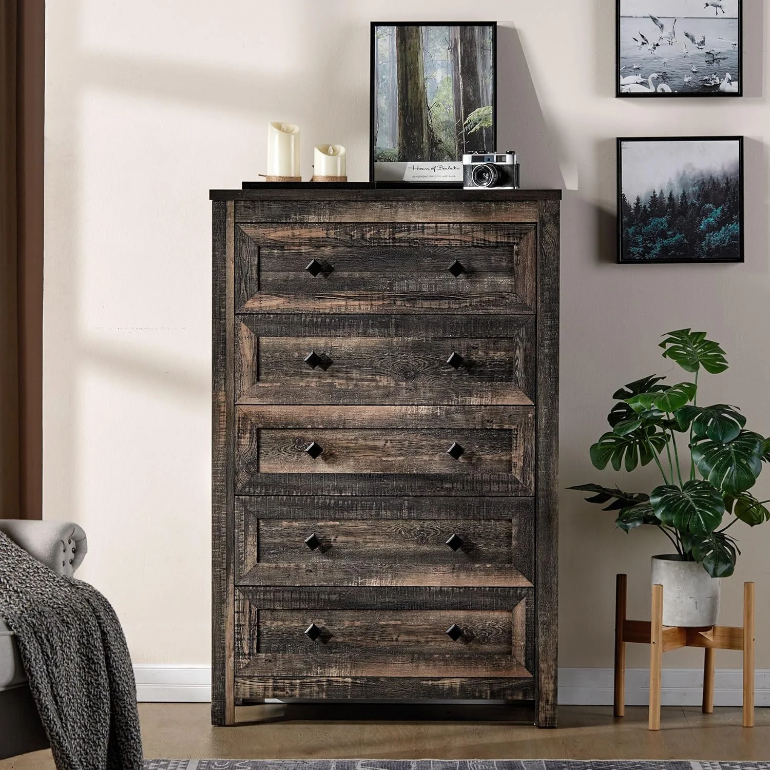 Amerlife 5 Drawers Dresser for Bedroom, Wood Tall Dresser with Vintage Gain for Adult, Dark Oak