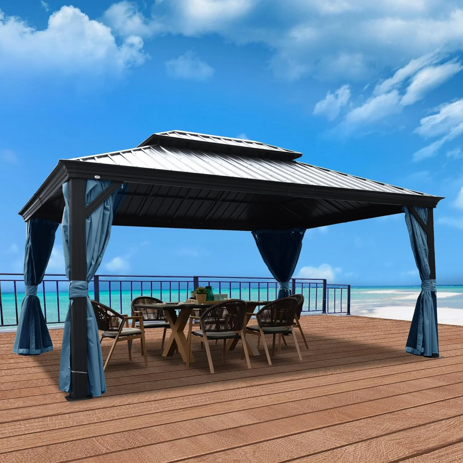 Kozyard Alexander Hardtop Aluminum Permanent Gazebo with a Mosquito Net and Privacy Sidewalls (Alexander 12'x20' (Gray))