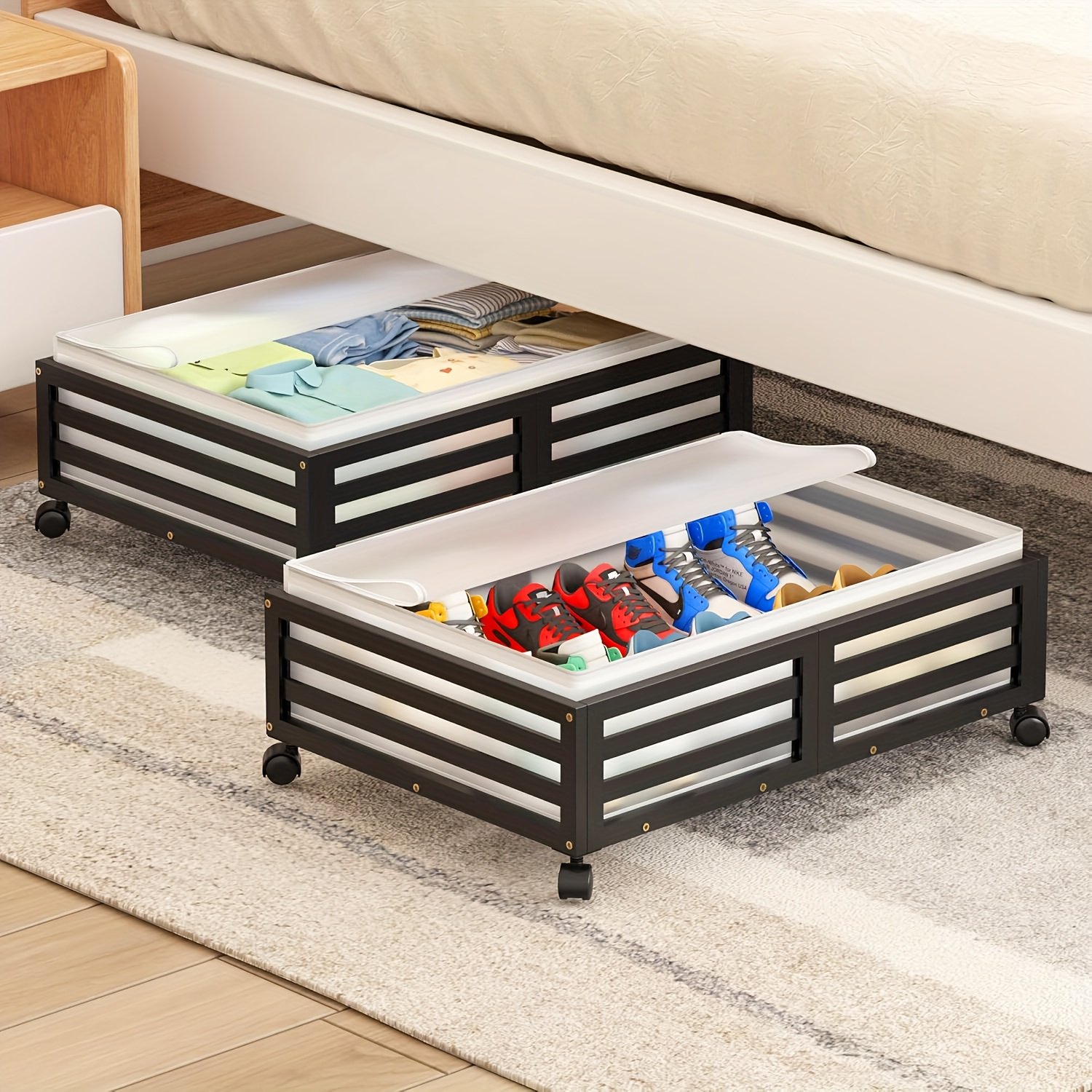 2-Pack Bamboo Under-Bed Storage Bins with Wheels, Large Capacity Rolling Organizers for Clothes &amp; Shoes, Natural Finish Space-Saving Design