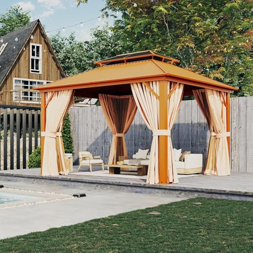 Aoxun 12'x10' Hardtop Gazebo, Aluminum Frame Permanent Pavilion with Curtains and Netting, Outdoor Polycarbonate Double Roof Canopy