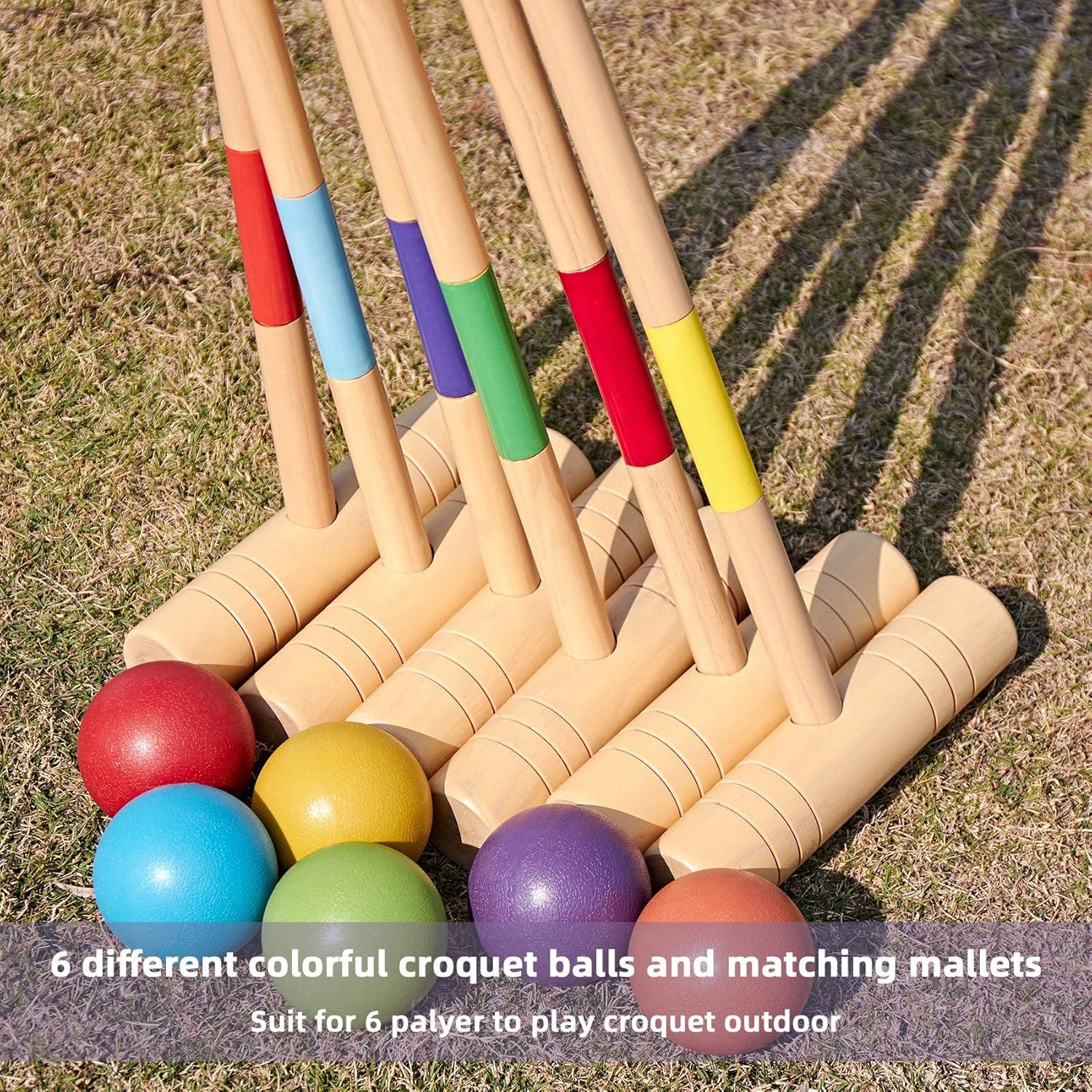 ApudArmis 35In Six Players Croquet Set with Deluxe Premiun Pine Wooden Mallets,Colored Ball,Wickets,Stakes