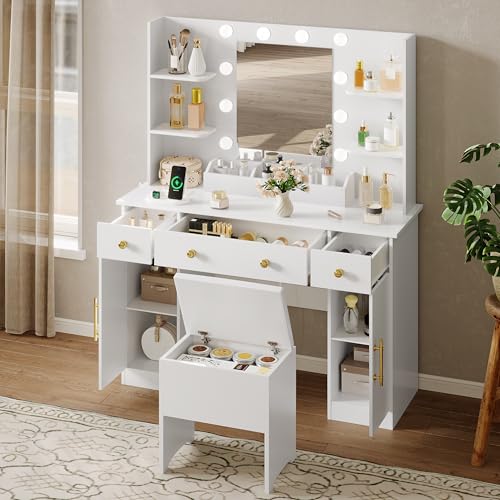 Vanity Desk with Mirror and Lights, Makeup Vanity with Charging Station & Vanity Stool