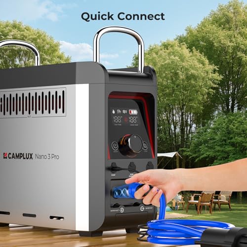 CAMPLUX Nano 3 Pro, Battery Powered Portable Water Heater, 1 lb On-Demand Propane Camping Shower, On Ground Camp Water Heater & Shower Pump