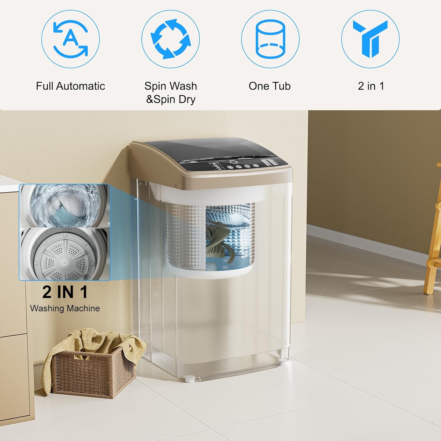 TABU Full-Automatic Washing Machine with Dryer, 2.5 Cu Ft Portable Washer with Drain Pump, 19LBS Automatic Washer Machine with 10 Wash Programs