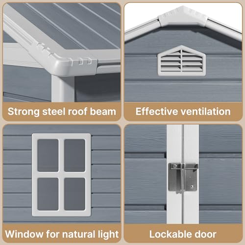 Gizoon 6x4 FT Outdoor Storage Shed with Floor, Resin Garden Tool Shed with Lockable Doors, Window, Vents, Reinforced Steel Frame
