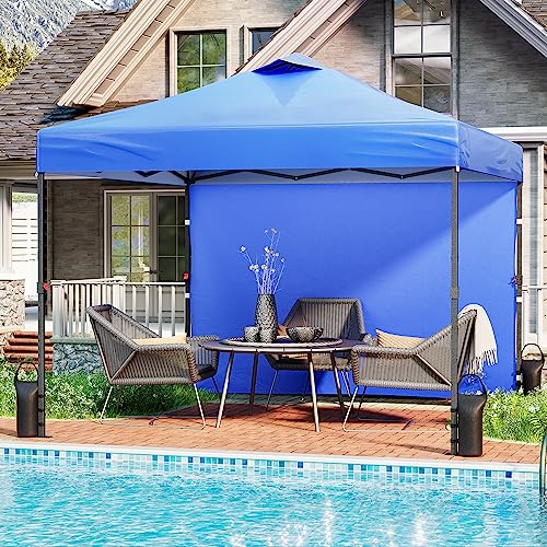 10'x10' Pop Up Canopy Tent with 1 Sidewall and 6 Pockets, One Push Setup, Instant Shade Tent with Vented Roof for Beach Patio Outdoor, Case, 8 Stakes