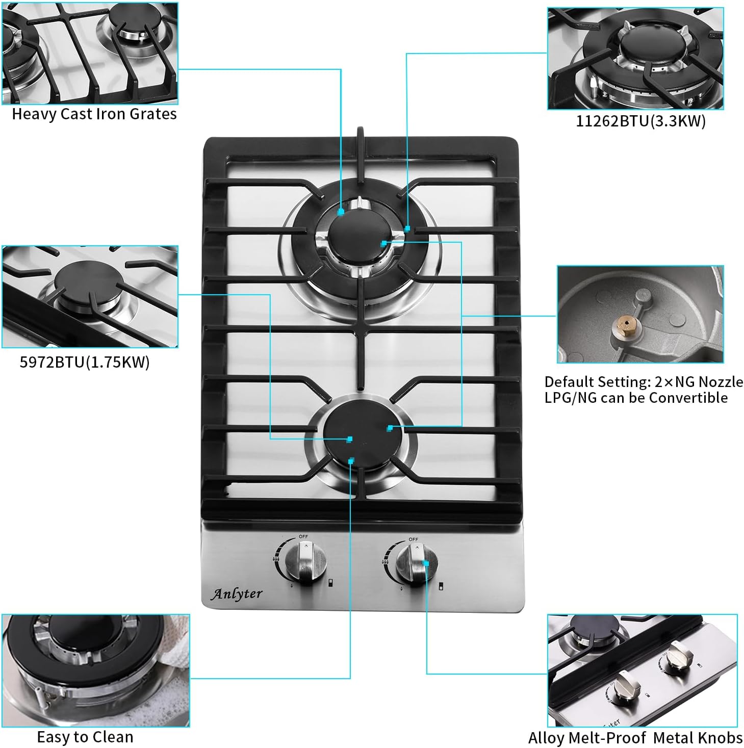 12 Inch Gas Cooktop, 2 Burners Built-in Gas Stovetop Stainless Steel Gas Stove Top Propane/Natural Gas Convertible Sealed Gas Cooktop for RVs