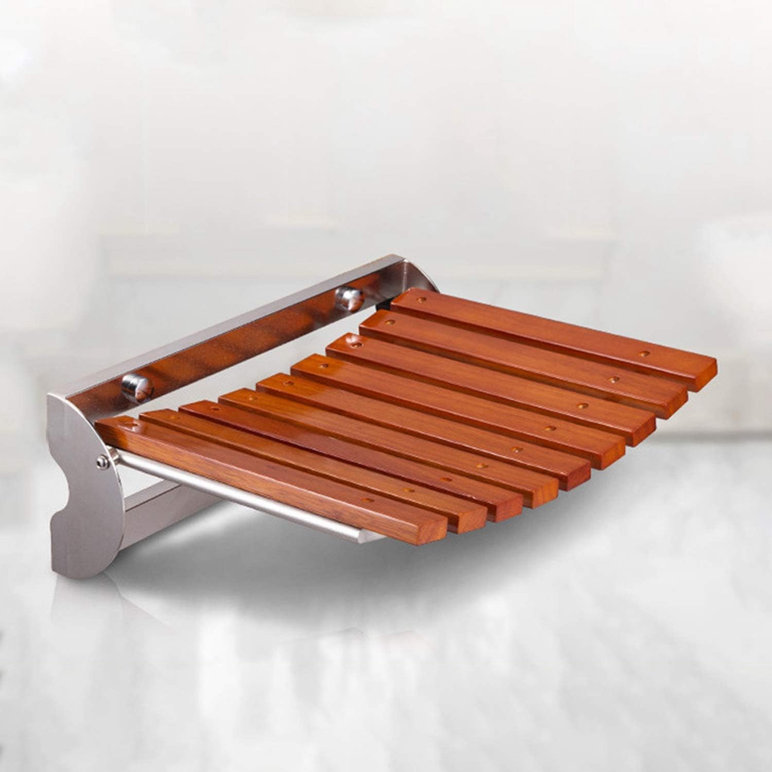 Wood Shower Seat Wall Mounted Folding 300 Lbs Weight Capacity Wood and Stainless Steel Fold Down Seat Bath for Adults Elderly Holds Stool Stool