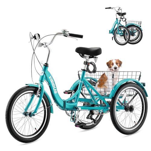 Viribus Folding Adult Tricycle, 20 inch Folding Tricycle for Adults with Lock, 1 or 7 Speed 3 Wheel Bike