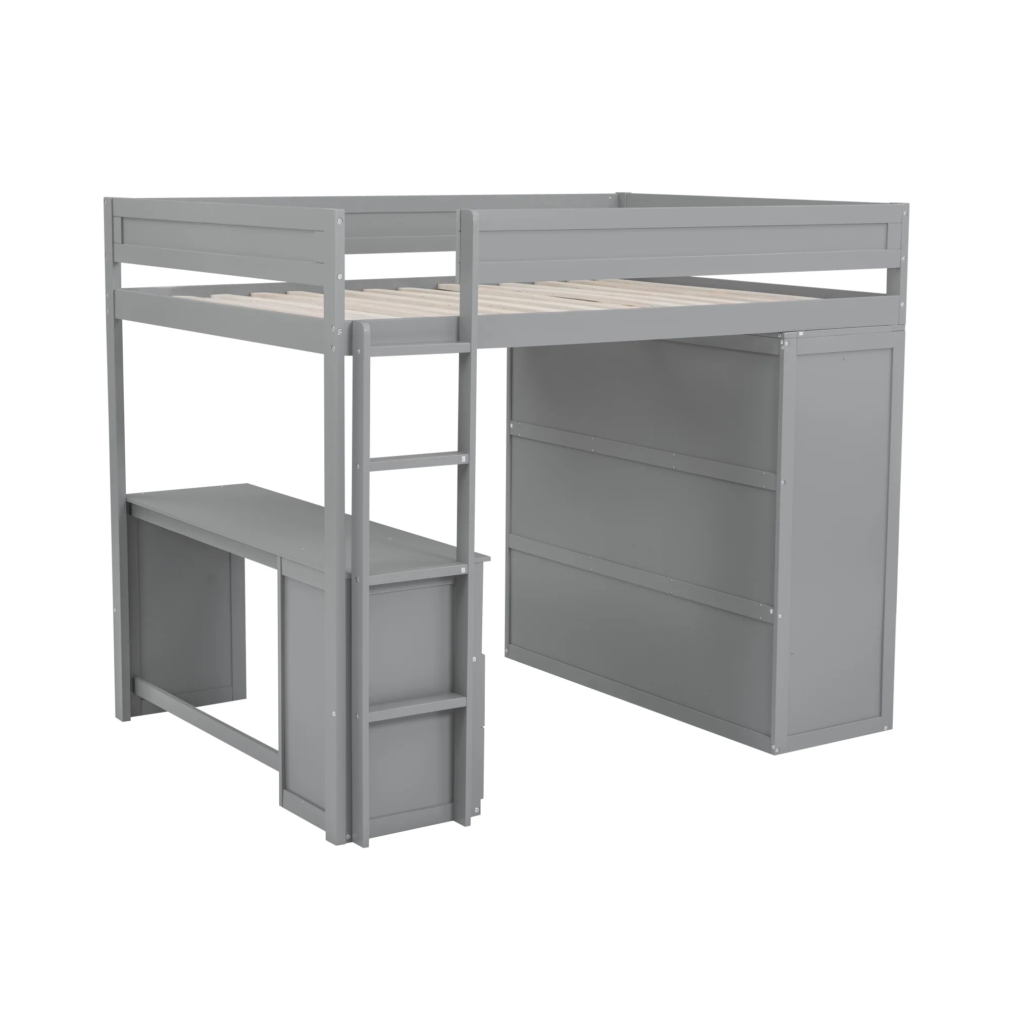 EUROCO Wood Full Size Loft Bed, Storage Desk and Drawers, Wardrobe with Clothes Hanger and Sliding Door for Living Room, Gray - Radiant Selections
