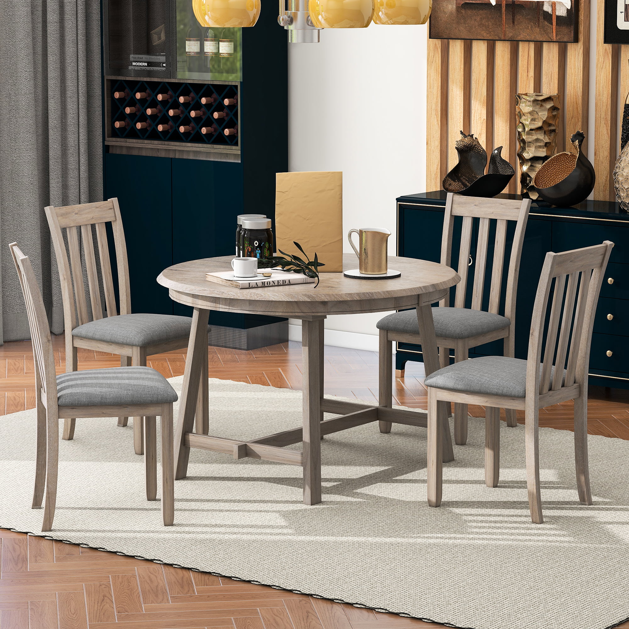 Besthome 5-Piece Wood Dining Table Set Round Extendable Dining Table with 4 Dining Chairs