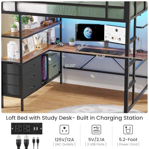 DICTAC Loft Bed Full Size with L-Shaped Desk and Charging Station Full Metal Bed Frame with LED Lights,Open Shelves and 3 Fabric Storage Drawers
