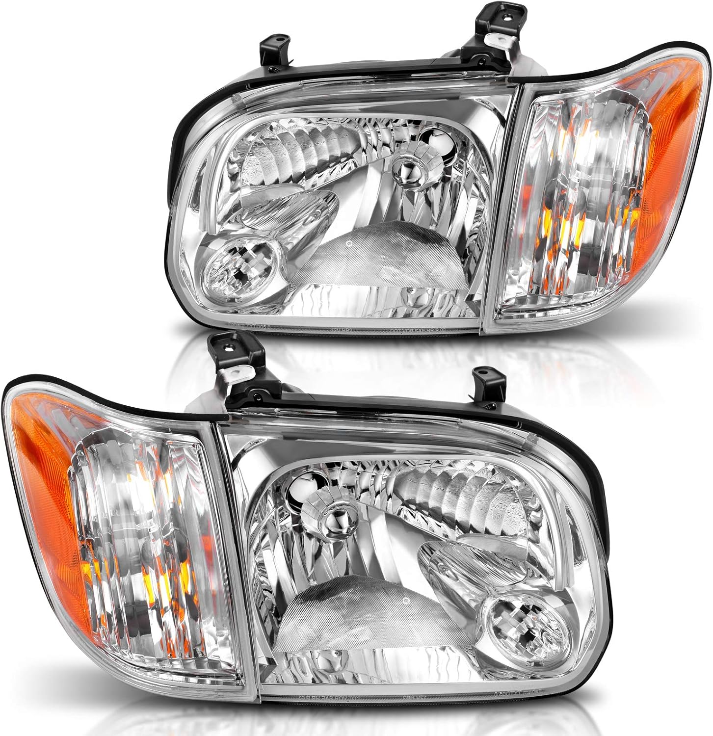 DWVO Headlight Assembly Compatible with 2005-2006 Tundra Double/Crew Cab 2005-2007 Sequoia Pickup Headlamp Replacement Pair Chrome Housing Amber