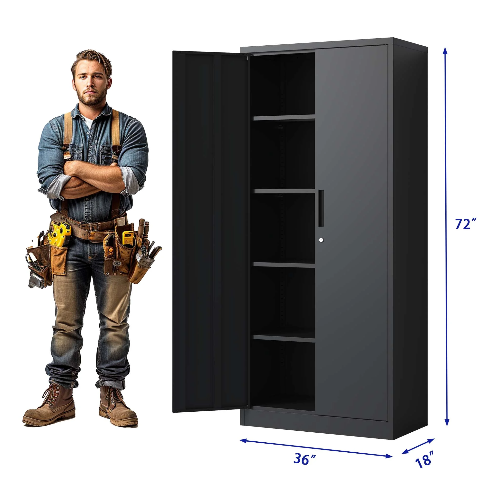 72"H Metal Garage Storage Cabinet, Black Tool Steel Locking Cabinet with Doors and 4 Shelves