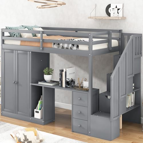 Harper & Bright Designs Twin Size Loft Bed with Desk and Stairs, Solid Wood Loft Bed Frame with Storage and Slat Support