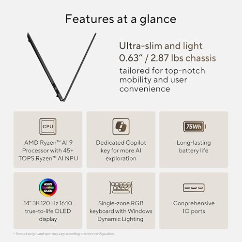 ASUS Vivobook S 14 OLED Slim Laptop, AMD Ryzen AI 9 365(10 Cores), 24GB, 1TB SSD, Customizable RGB Keyboard, Cool Silver, M5406WA-AH94