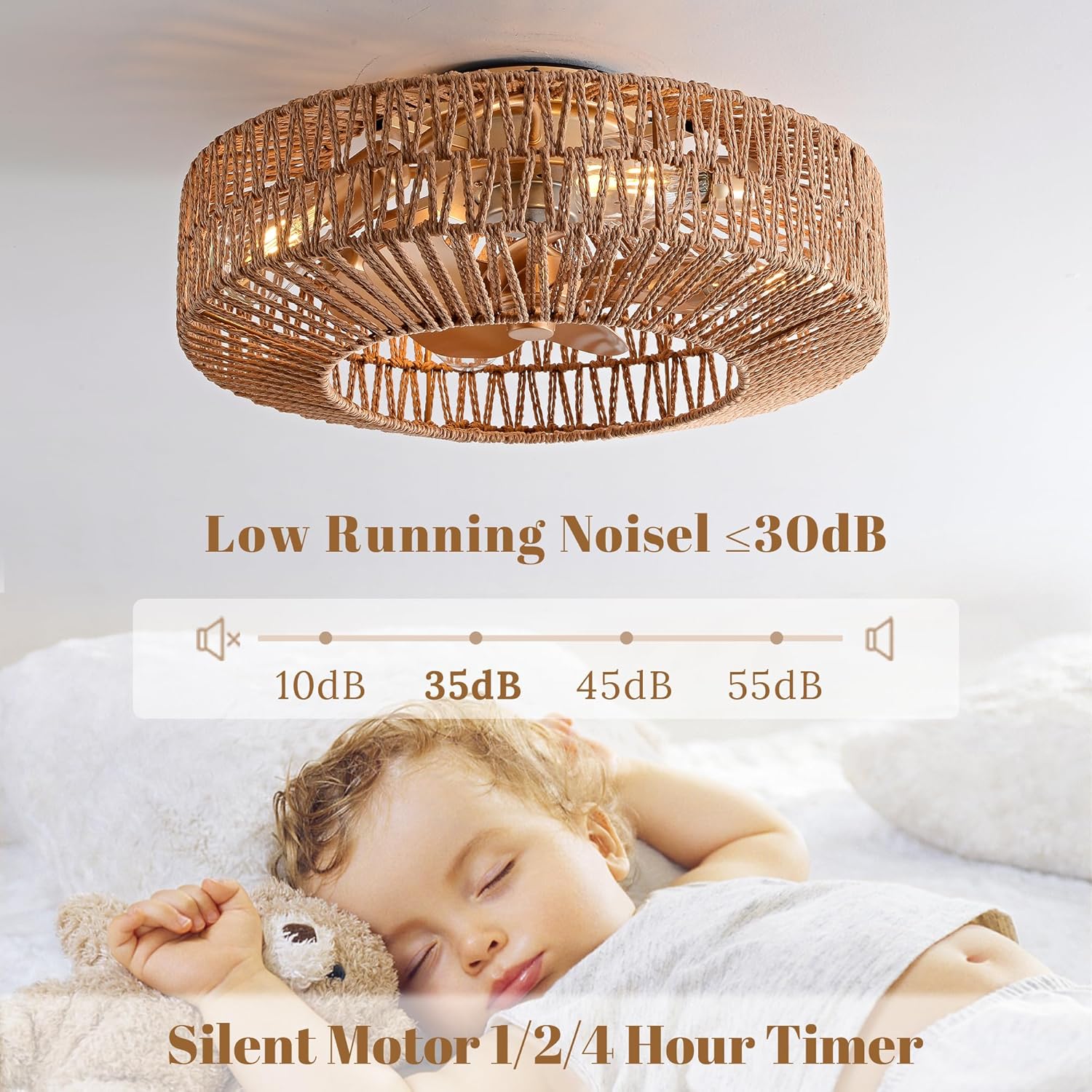 20" Boho Caged Fandelier with Lights Flush Mount Rattan Ceiling Fan with Lights and Remote Control
