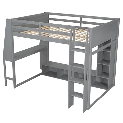 SOFTSEA Twin Gaming Loft Bed with Desk & LED Lights, Solid Wood Loft Bed with Storage Wardrobe and Shelves for Kids Teens