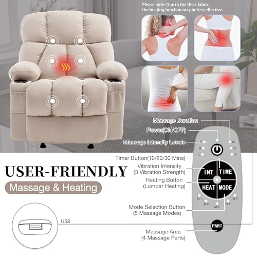 Recliner Chair with Massage and Heat, Rocker Recliner Chairs for Adults, Overstuffed Nursery Rocking Chairs for Living Room