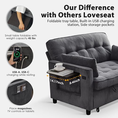 Sleeper Sofa Bed, 52‘’ Convertible Pull Out Couch with Small Table| USB Port | Side Pockets | Corduroy Fabric | Adjustable Backrest for Apartment
