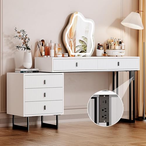 Makeup Vanity Desk with Cloud Lighted Mirror with Power Outlet and LED Strip, 3 Color Lighting Modes with Adjustable Brightness