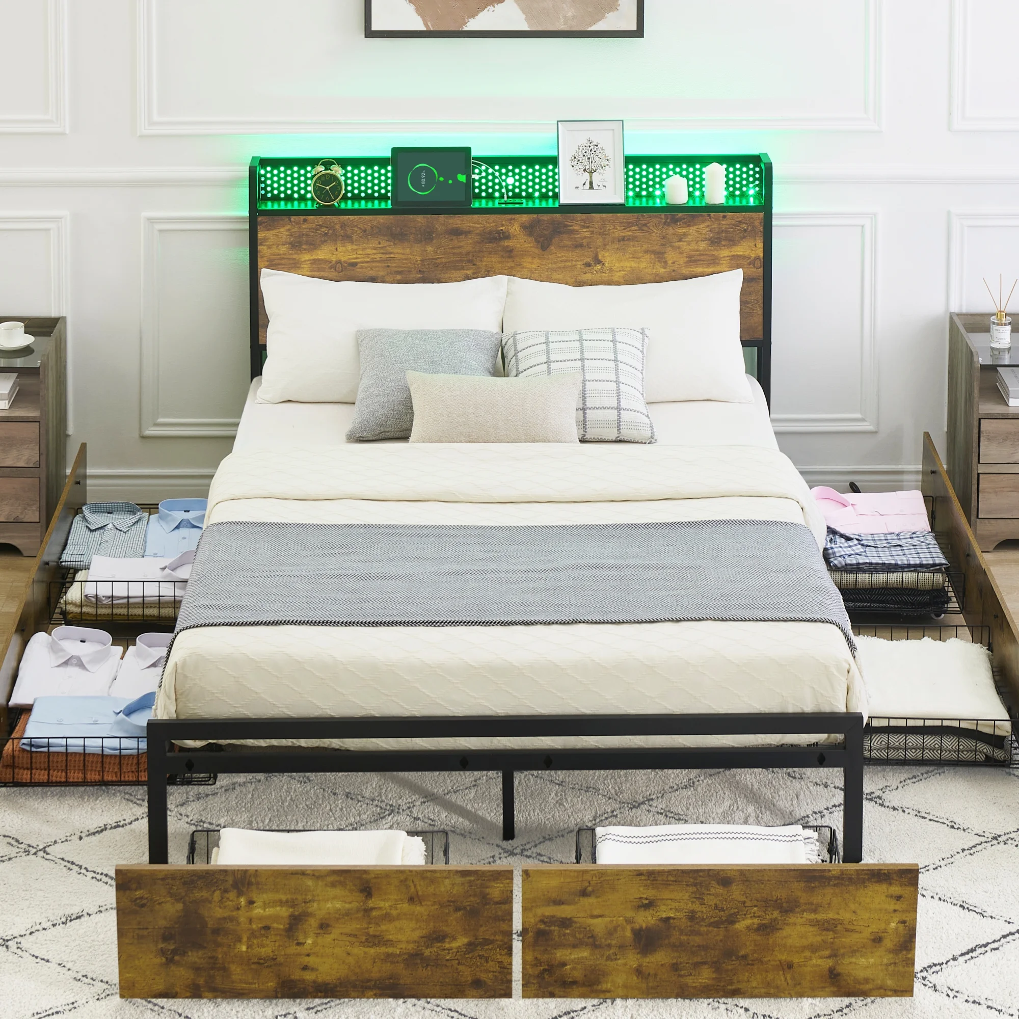 IDEALHOUSE Queen Bed Frame with Storage Headboard and 6 Drawers,LED Bed Frame with Outlets and USB Ports