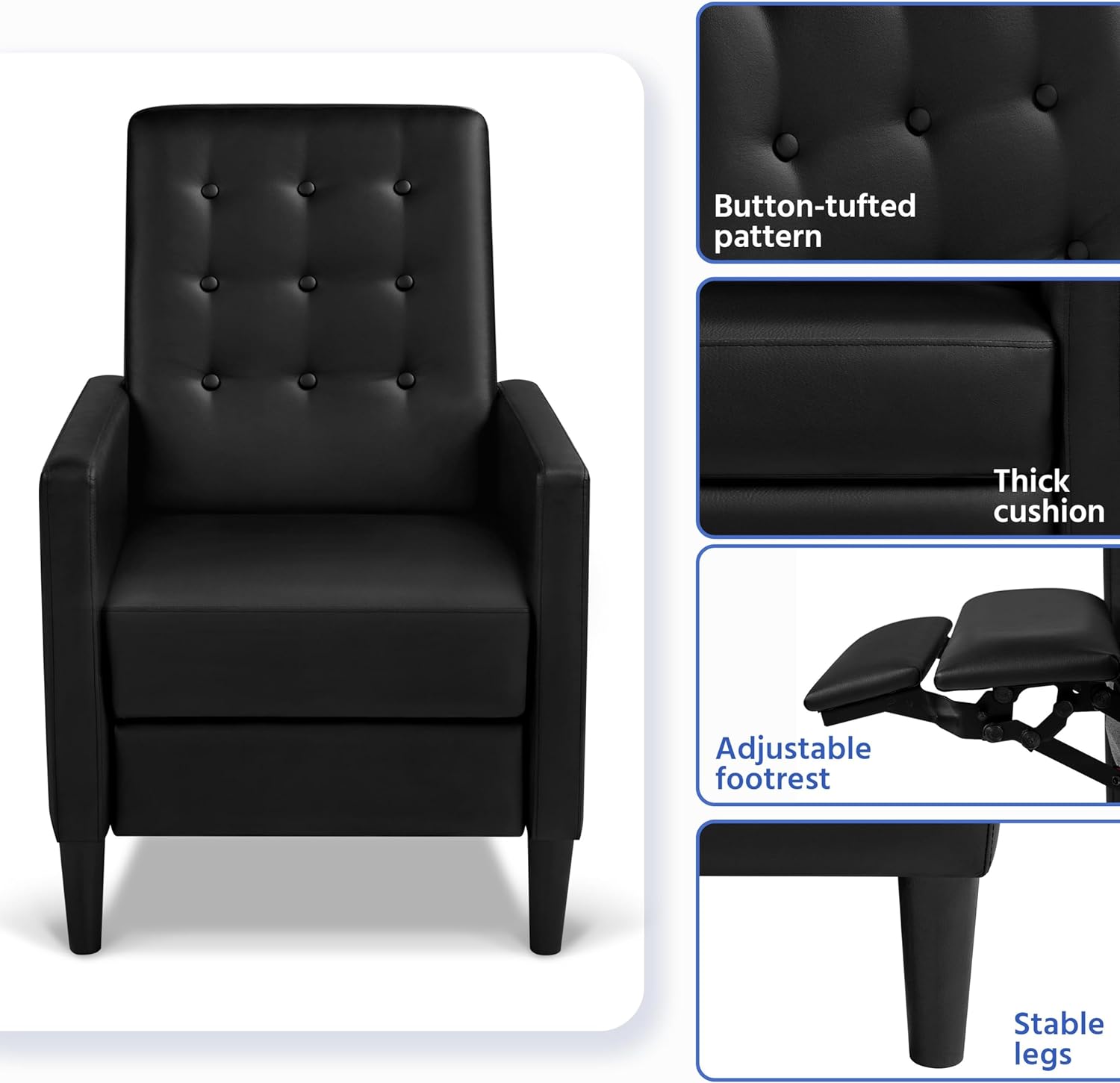 TJUNBOLIFE Faux Leather Recliner Sofa Mid-Century Modern Single Reclining Chair Adjustable Back &amp