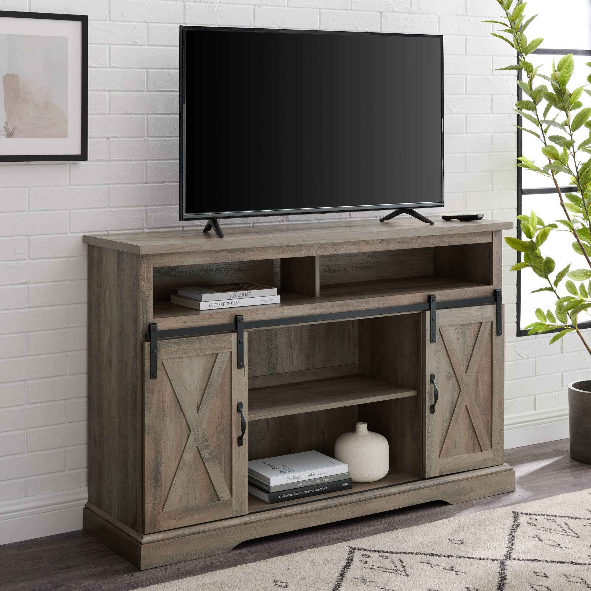 52x22 Sliding Barndoor Modern Farmhouse TV Highboy Storage Stand Gray Wash - Saracina Home
