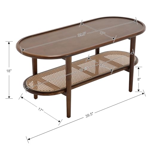 Rattan Wood Mid Century Modern Coffee Table, 39.5" Oval Coffee Table with Cane Wicker Storage Shelf for Living Room, Indoor, Home Décor, Walnut