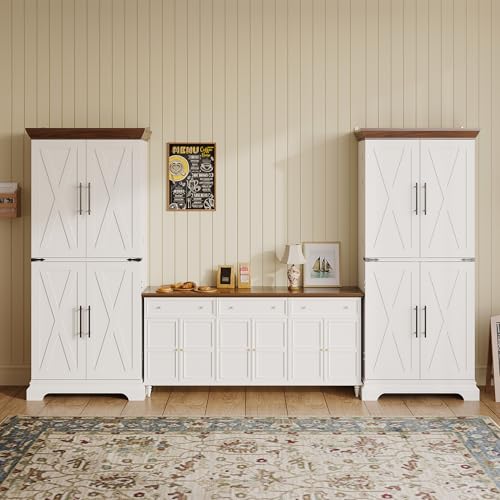 IRONCK Kitchen Pantry Cabinet 72" H, with 9 Shelves, 4 Barn Doors, Drawer, 6 Door Storage Shelves