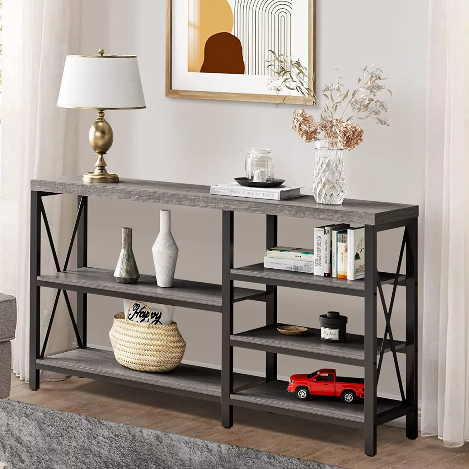 Duerer 5-Tier Console Table for Entryway, Industrial Sofa Table Narrow Storage Shelves for Living Room, Hallway, Gray