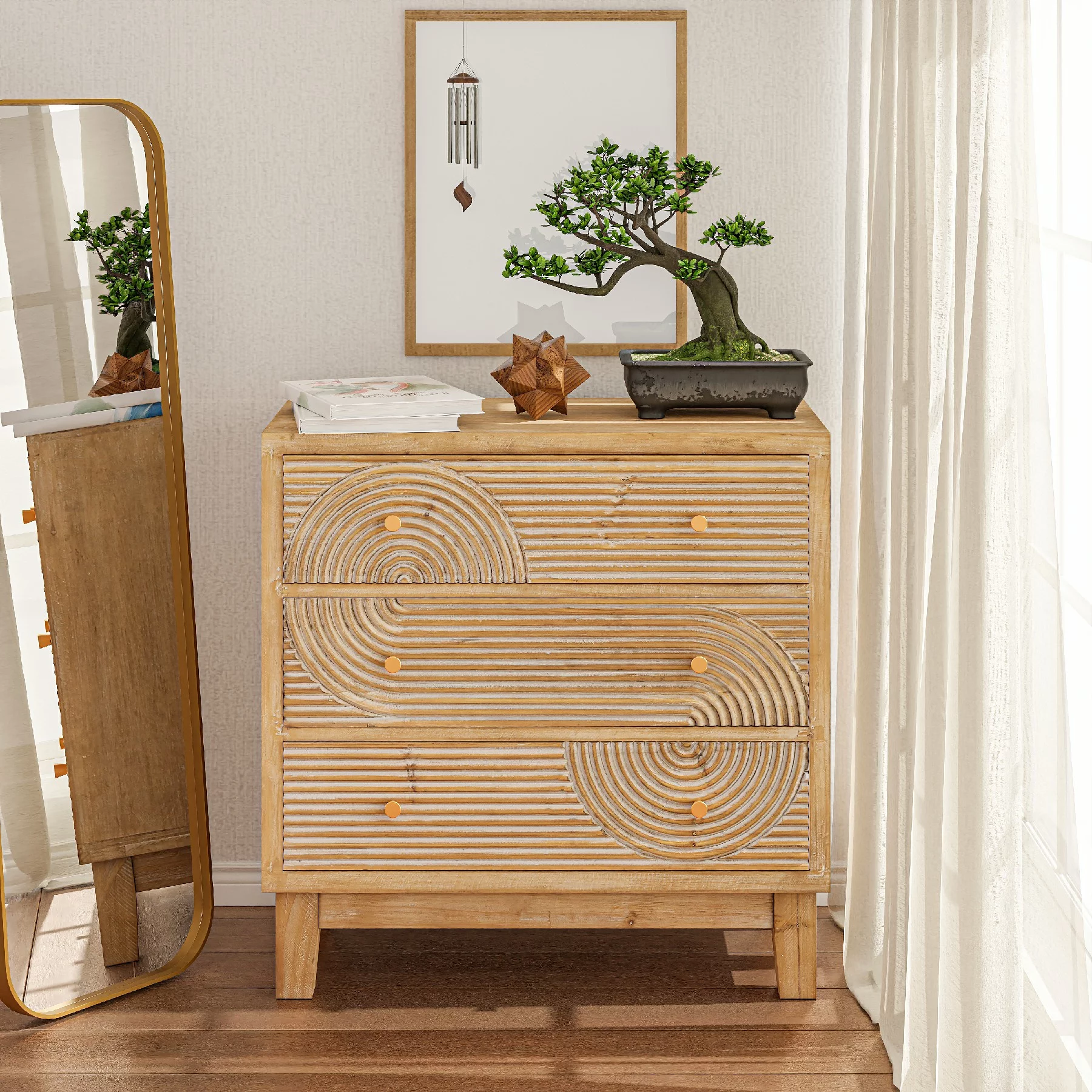 COZAYH 3-Drawer Farmhouse Dresser with Handicraft Wood Ring Motif, Fully Assembled Nightstand Wooden Finish for Boho, Mid-century, Rustic Style