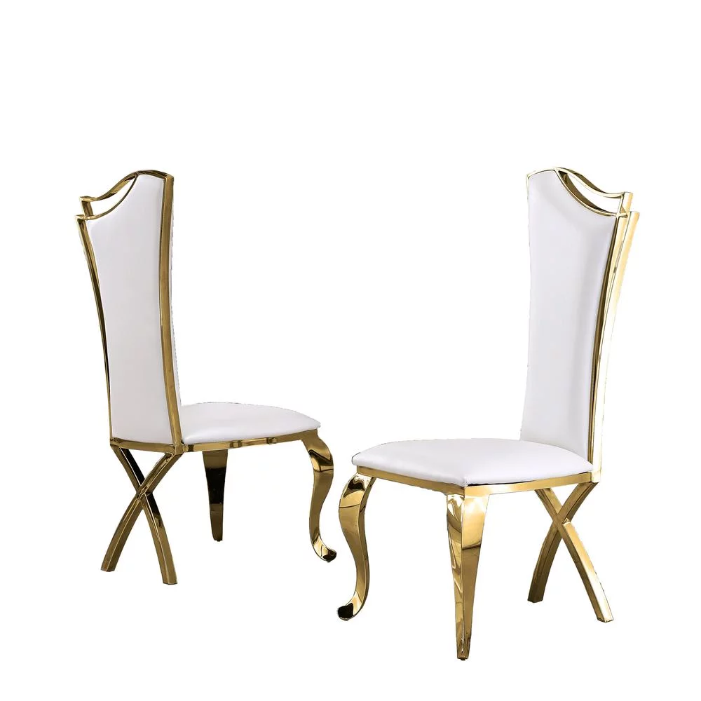 Elegant Side Chairs in White Faux Leather and Gold Stainless Steel (Set of 2)