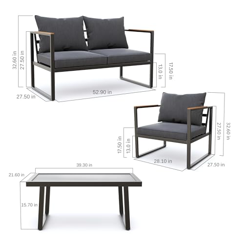 EAST OAK Courtyard Patio Furniture Set, 4-Piece Outdoor Patio Set with Sofa, Removable & Washable Deep Seating Cushion, Tempered Glass Table