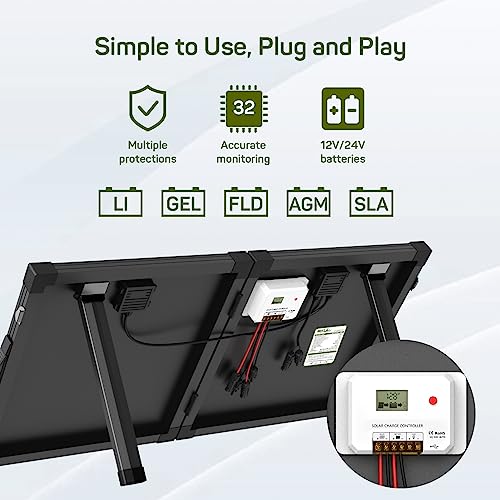 HQST 100 Watt 12 Volt 9BB Cell Portable Solar Panel Suitcase w/ 30 Amp PWM Charge Controller for Solar Generator, Power Station, Battery Charging, RV