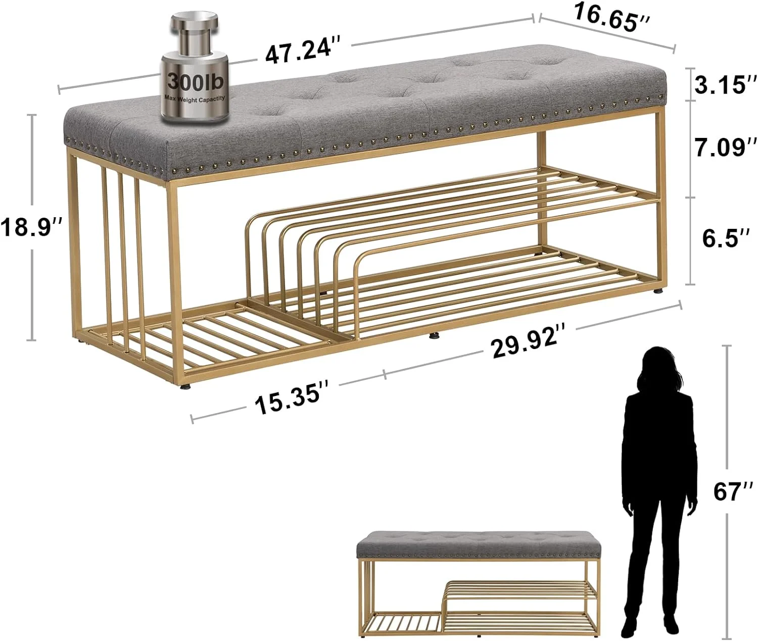 YGDU End of Bed Bench-Upholstered Entry Shoe Storage with Nailhead Trim,Black Mental Frame Ottoman Bench for Bedroom Entry Window Mudroom Living Room