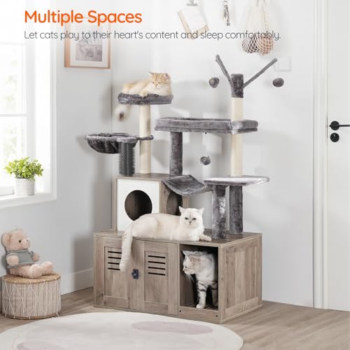 HOOBRO Large Hidden Litter Box, Cat Tree with 30.7'' Long Litter Box Enclosure, Modern Cat Tower, Cat Condos with Scratching Posts, Rubbing Post