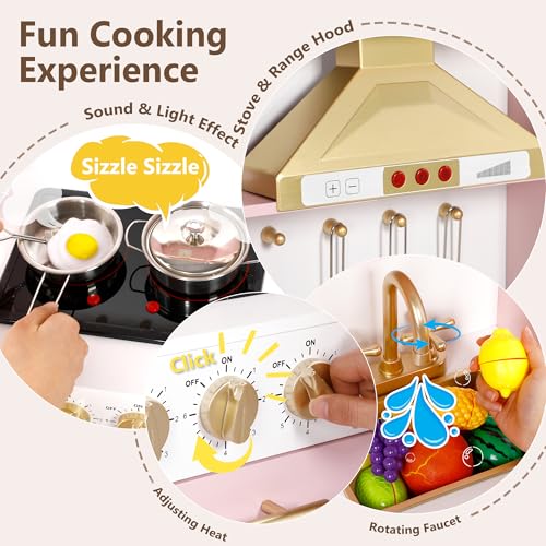 Kinder King Wooden Kids Play Kitchen, Toy Kitchen Playset for Toddler, Play Kitchen Set w/Real Sounds, Pretend Coffee Machine, Kitchen Hood, Sink