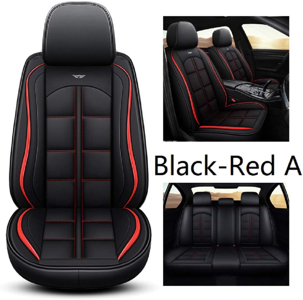R-002 Full Set of 5-Passenger Car Seat Covers Made of Waterproof Leather, Universal in All Seasons (Black-Red A)